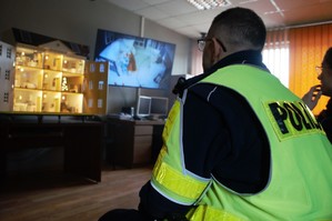 zdjęcie przedstawia: policjanta ruchu drogowego, oglądającego pokaz strażaków