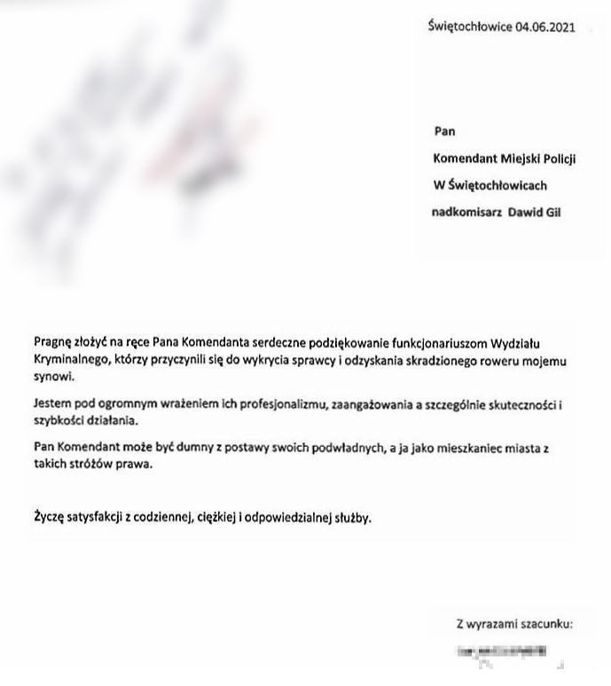 Treść podziękowań pisemnych dla kryminalnych, przesłane przez mężczyznę który odzyskał skradziony rower dzięki szybkim działaniom mundurowych, którzy ustalili sprawcę i odzyskali mienie. Podziękowania wpłyneły na ręce szefa świętochłowickiej Policji. 