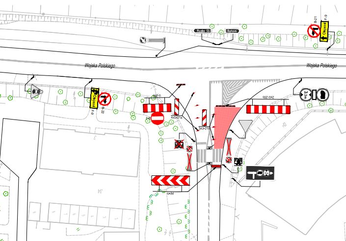 mapka objaśniająca zmianę organizacji ruchu na skrzyżowaniu ulic Wojska Polskiego z Hajduki