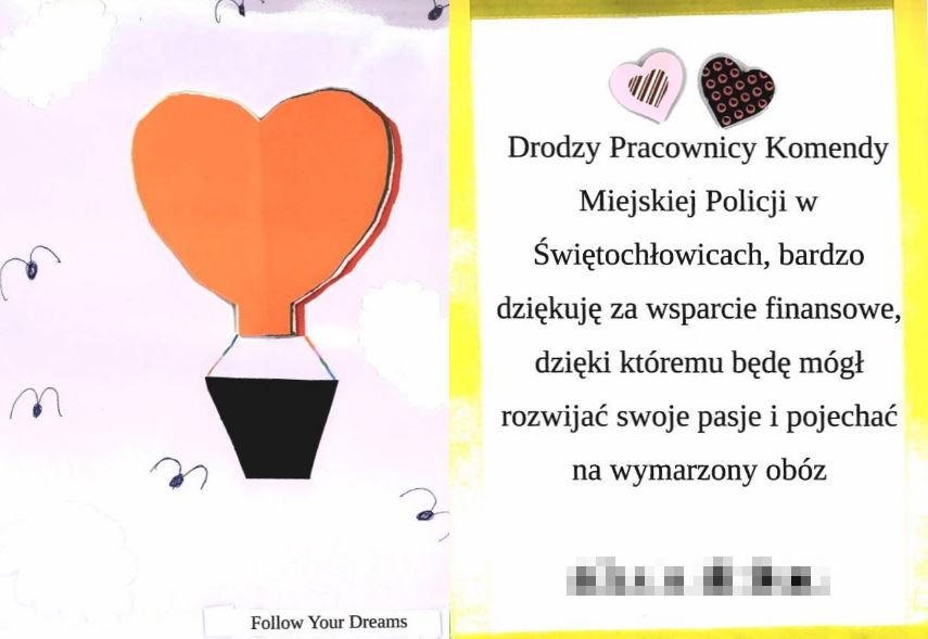 Podziękowania dla świętochłowickiej komendy od młodego mieszkańca miasta za wspracie finasowe obozu sportowego