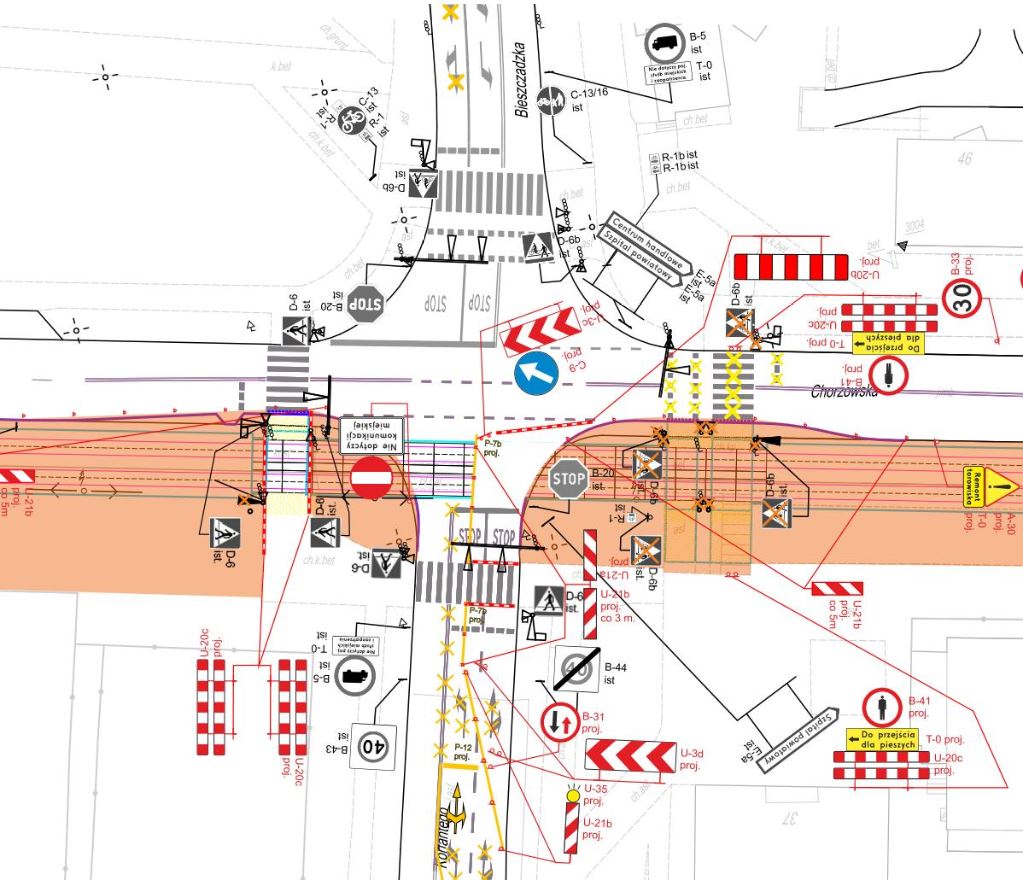 Mapka obrazująca skrzyżowanie ulicy Chorzowskiej i Korfantergo z uwzględnieniem tymczasowej organizacji ruchu 