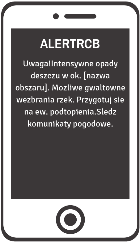 przykładowy alert RCB informujący o intensywnych opadach deszczu