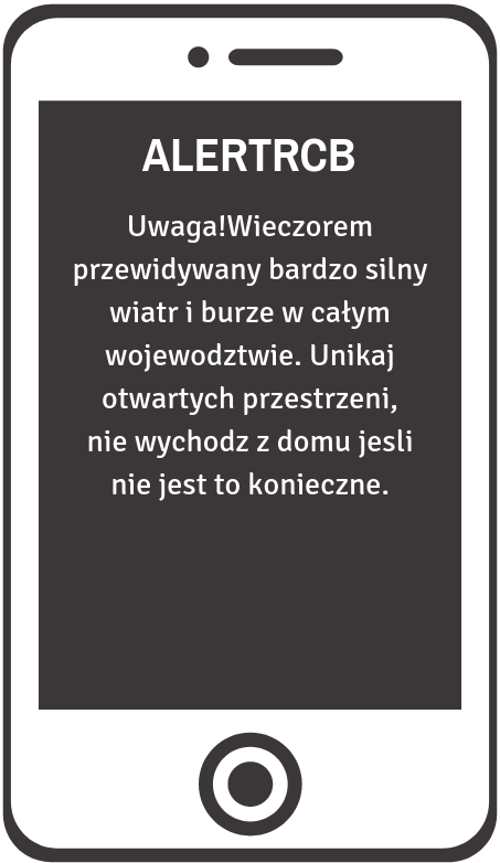 przykładowy alert RCB informujący o silnych wiatrach i burzach