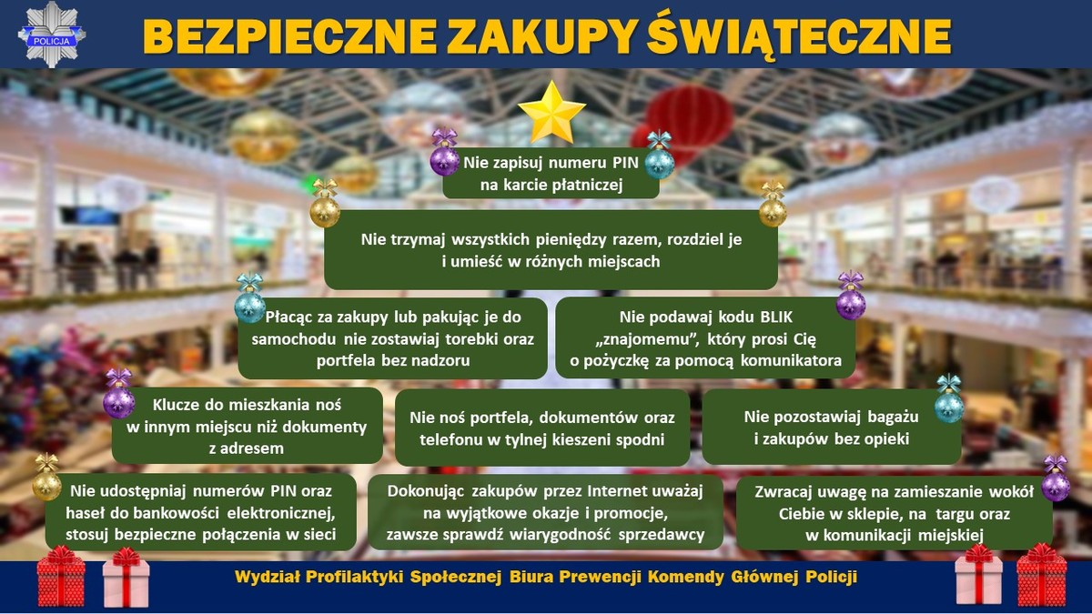 grafika przedstawia zasady bezpiecznych świątecznych zakupów