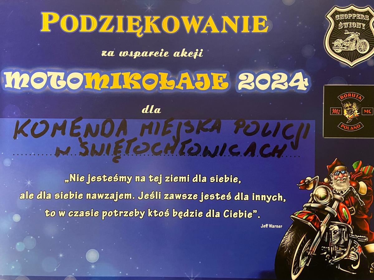 zdjęcie przedstawia podziękowanie dla komendy miejskiej policji w świętochłowicach