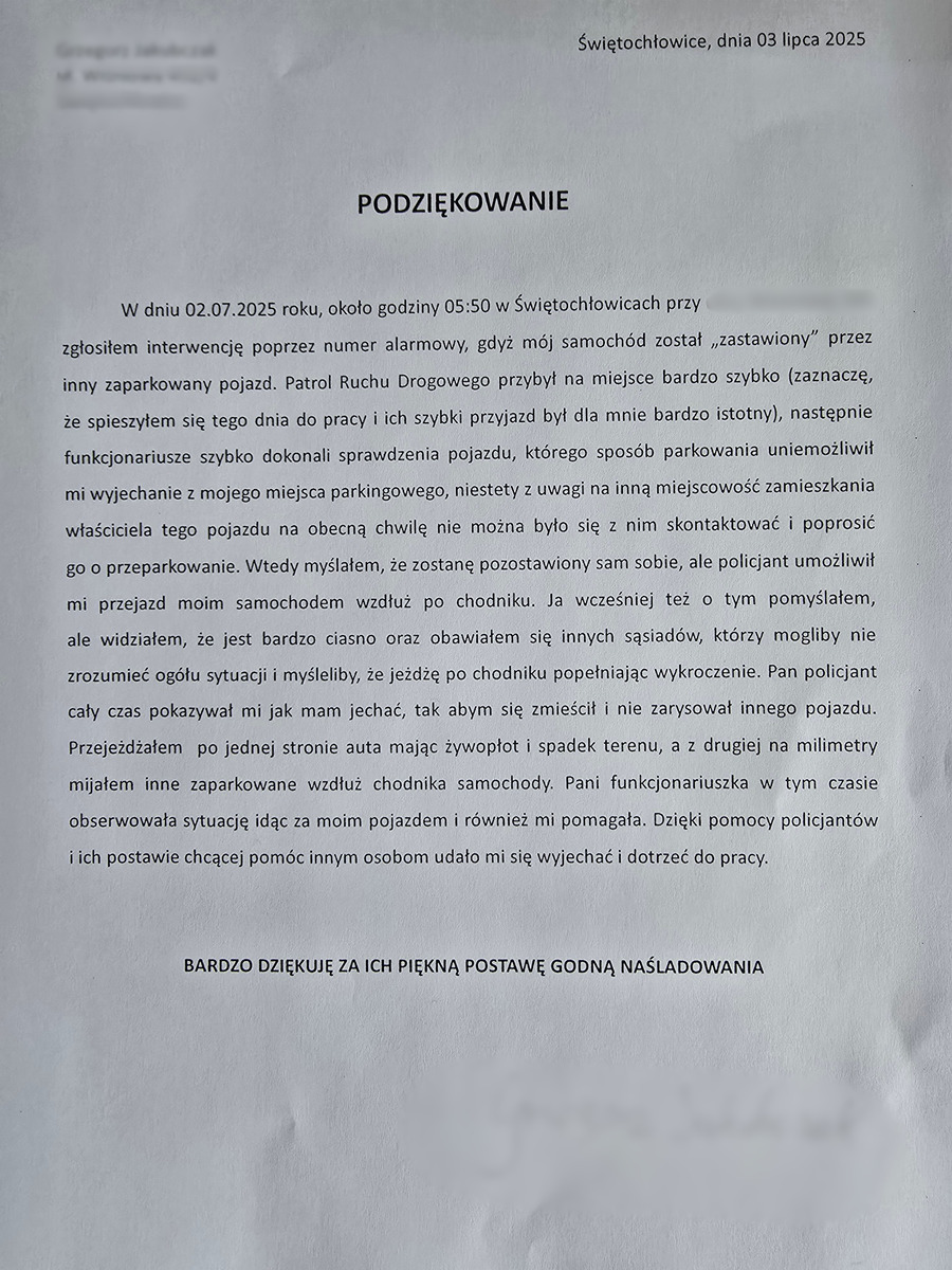 zdjęcie przedstawia kartkę z podziękowaniami dla policjantów