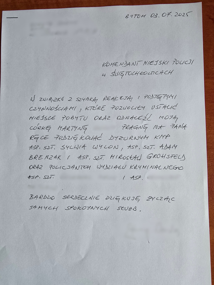 zdjęcie przedstawia treść podziękowań dla policjantów