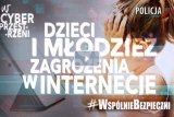 Plakat #Wspolniebezpieczni. W tle dziewczynka oglądająca tablet i podpierająca głowę rękoma. Na pierwszym planie napis Dzieci i młodzież zagrożenia w internecie