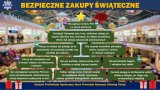 plakat z napisem Bezpieczne zakupy świąteczne, poniżej choinka z radami jak się zabezpieczyć we wspomnianym okresie