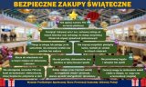 plakat z grafiką w kształcie choinki informujący o zasadach bezpiecznych zakupów