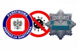 zestawienie trzech symboli. od lewej logo Państwowej Inspekcji sanitarnej, w środku znak zakazu wewnątrz którego jest symbol wirusa, po prawej gwiazda policyjna z napisem Policja