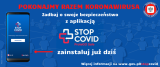 na zdjęciu na niebieskim tle informację dotyczące aplikacji STOP COVID ProteGo Safe