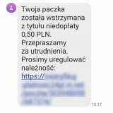 przykładowe smsy wysłane od oszustów o dopłacie do przesyłki lub zapłacie za pobraniem