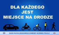 Plakat z napisem dla każdego jest miejsce na drodze oraz grafiką przedstawiającą uczestników ruchu drogowego