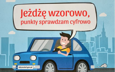 grafika przedstawiająca mężczyznę jadącego autem, nad pojazdem widać tzw. dymkę z napisem jeżdżę wzorowo, punkty sprawdzam cyfrowo