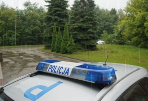 Belka oświetleniowa z napisem policja na dachu radiwozu. W tle widać deszczową pogodę