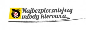 Napis najbezpieczniejszy młody kierowca, po prawej stronie logo Polskiego Związku Motorowego