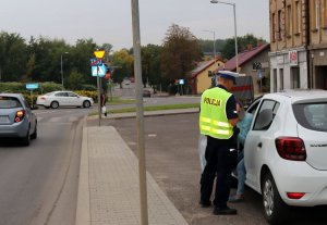 Na zdjęciu ulica, z prawej strony na poboczu zatrzymany do kontroli pojazd marki  dacia sandero. Obok stoi tyłem umundurowany policjant w kamizelce odblaskowej, który wykonuje czynnmości z kierowcą