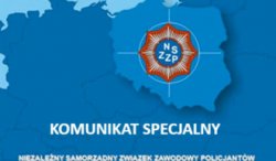 Na niebieski mtle zarys kształtów Polski z logiem Związków Zawodowych Policji i napisem Komunikat Specjalny