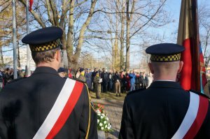 Zdjęcie przedstawiające uczestników obchodów odzyskania niepodległości przez Polskę zrobione za pleców strażników miejskich