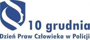 grafika przedstawiająca symbol paragrafu i głowę człowieka, poniżej niebieski napis 10 grudnia Dzień Praw Człowieka w Policji