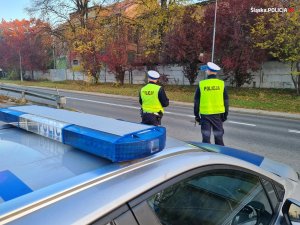 Na zdjęciu umundurowani policjanci z drogówki w kamizelkach odblaskowych podczas obserwacji sytuacji na drodze. Za nimi widać zaparkowany policyjny radiowóz