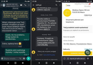 Na zdjęciu trzy przykładowe pola w których pokazana jest rozmowa pokrzywdzonego z oszustem, przesłany link dotyczący przesyłki oraz fikcyjen potwierdzenie z firmy kurierskiej