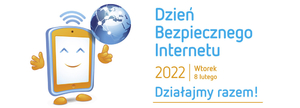 Grafika nawiązująca do Dnia Bezpiecznego Internetu tj. 8 lutego przedstawiająca kulę ziemską oraz telefon