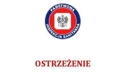 logo Państwowej Inspekcji Sanitarnej. Poniżej czerwony napis Ostrzeżenie