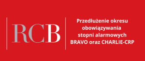 Na czerwonym tle napisy RCB, obok napis Przedłużenie okresu obowiązywania stopni alarmowych Bravo oraz Charli CRP