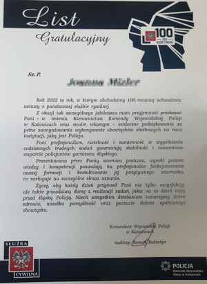 zdjęcie listu gratulacyjnego z KWP