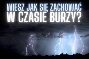 na zdjęciu burza z piorunami i napis wiesz jak się zachować w czasie burzy?