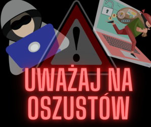 grafika z napisem &quot;uważaj na oszustów&quot;