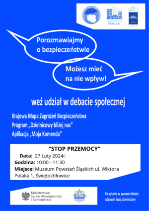 plakat przedstawiający datę i miejsce debaty o nazwie stop przemocy