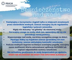 grafika przedstawia zasady bezpiecznego spędzania czasu nad wodą