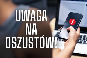 grafika przedstawia rękę trzymającą telefon, a obok napis uwaga na oszustów