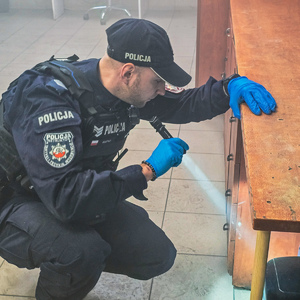zdjęcie przedstawia: policjanta z latarką