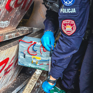 zdjęcie przedstawia: policjanta mierzącego atrapę ładunku wybuchowego