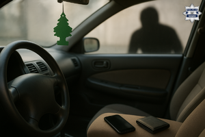 zdjęcie przedstawia osobę skradającą się do pustego samochodu