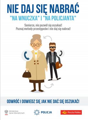 grafika przedstawiającą starszą kobietę i przestępcę. nad nimi napis nie daj się nabrać