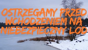 grafika zamarzniętego zbiornika wodnego z napisem ostrzegawczym