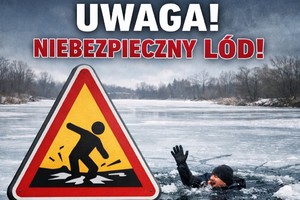 grafika z napisem uwaga niebezpieczny lód