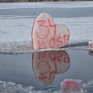 zdjęcie przedstawia kawałek lodu z napisem 34 WOŚP