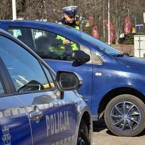 zdjęcie przedstawia policjanta kontrolującego pojazd