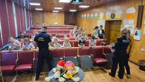 zdjęcie przedstawia mundurowych podczas prelekcji w szkole