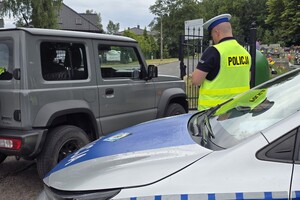 zdjęcie przedstawia policjanta podczas kontroli drogowej