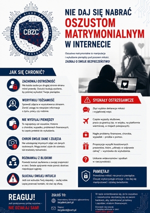 grafika z napisem nie daj się nabrać oszustom matrymonialnym w internecie